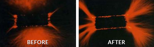 Photo on the left shows the Kirlian energy field of a conventional vitamin-mineral tablet. Photo on the right shows the energy field of a tablet which is identical in composition but made with a patented Vitalized® process.